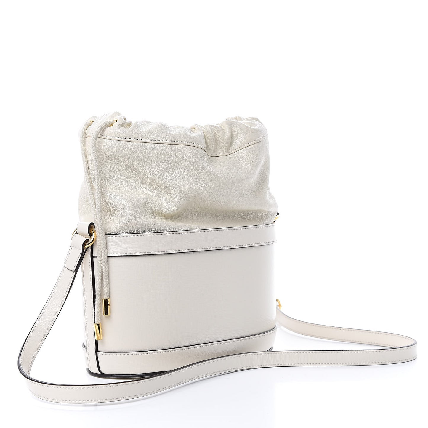Azalea Sakai Calfskin Horsebit 1955 Drawstring Bucket Bag Mystic White