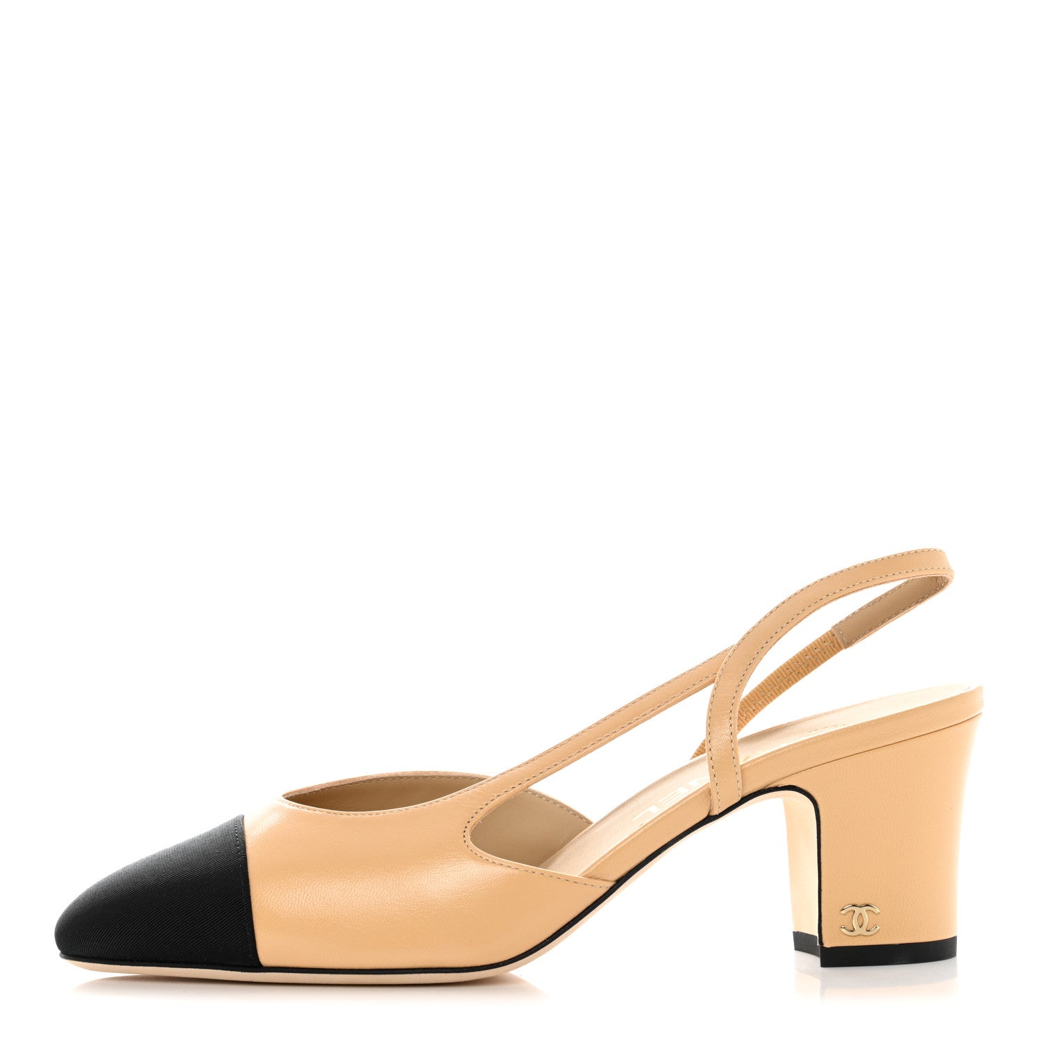 Chanel Goatskin Grosgrain Cap Toe CC Slingback Pumps 38 Beige Black 1 of 9