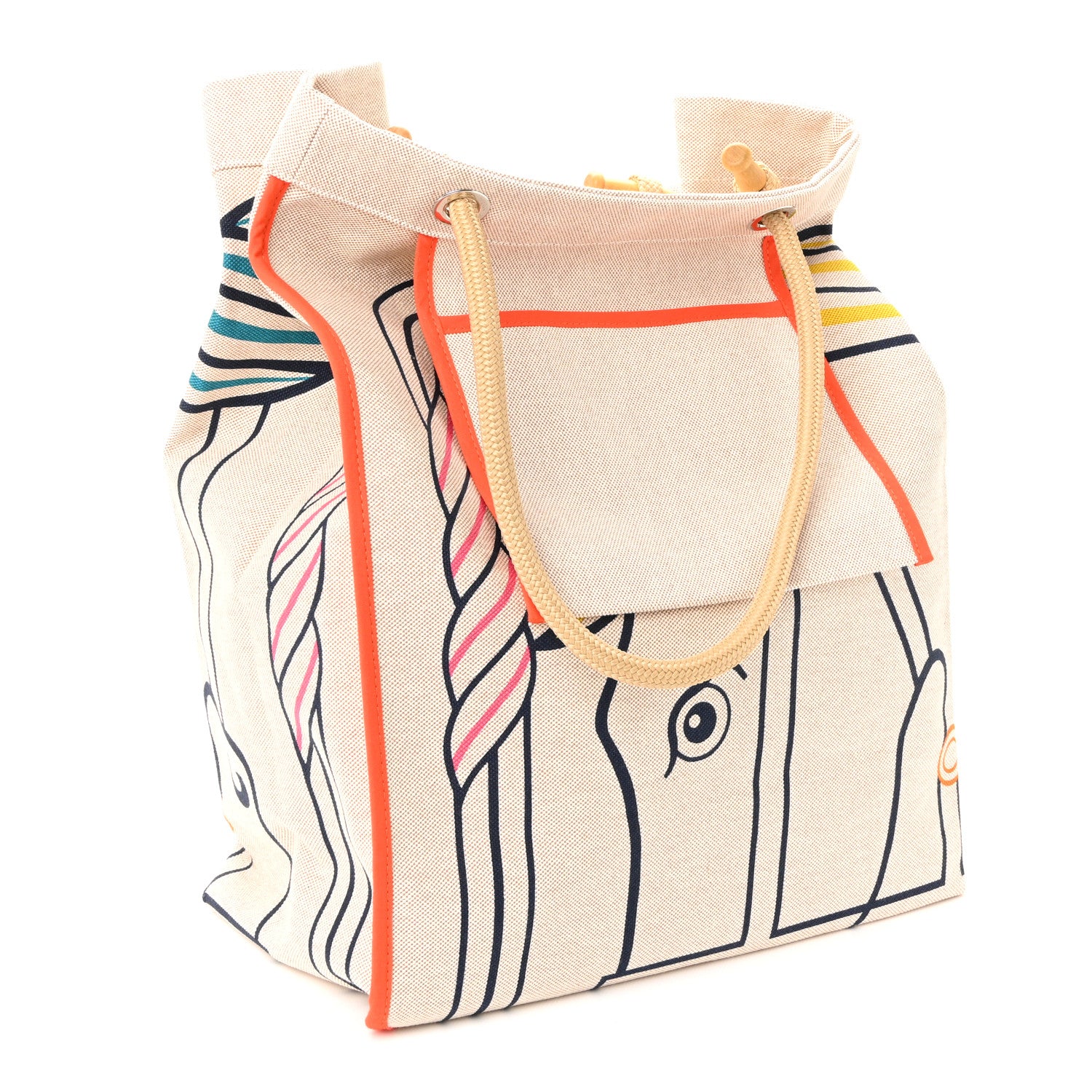 Hermes H Canvas Quadrige Beach Bag Bleu Jaune Rose 5 of 19