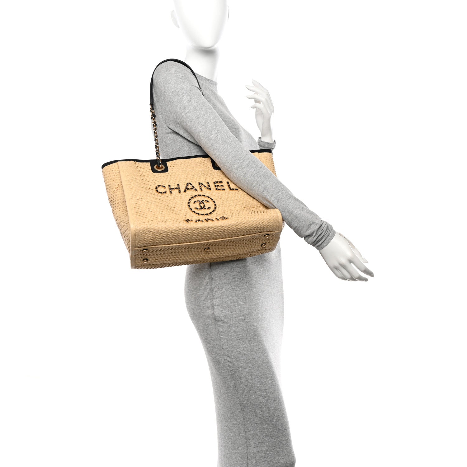 Chanel Straw Raffia Calfskin Chain Small Deauville Tote Beige Black 2 of 13