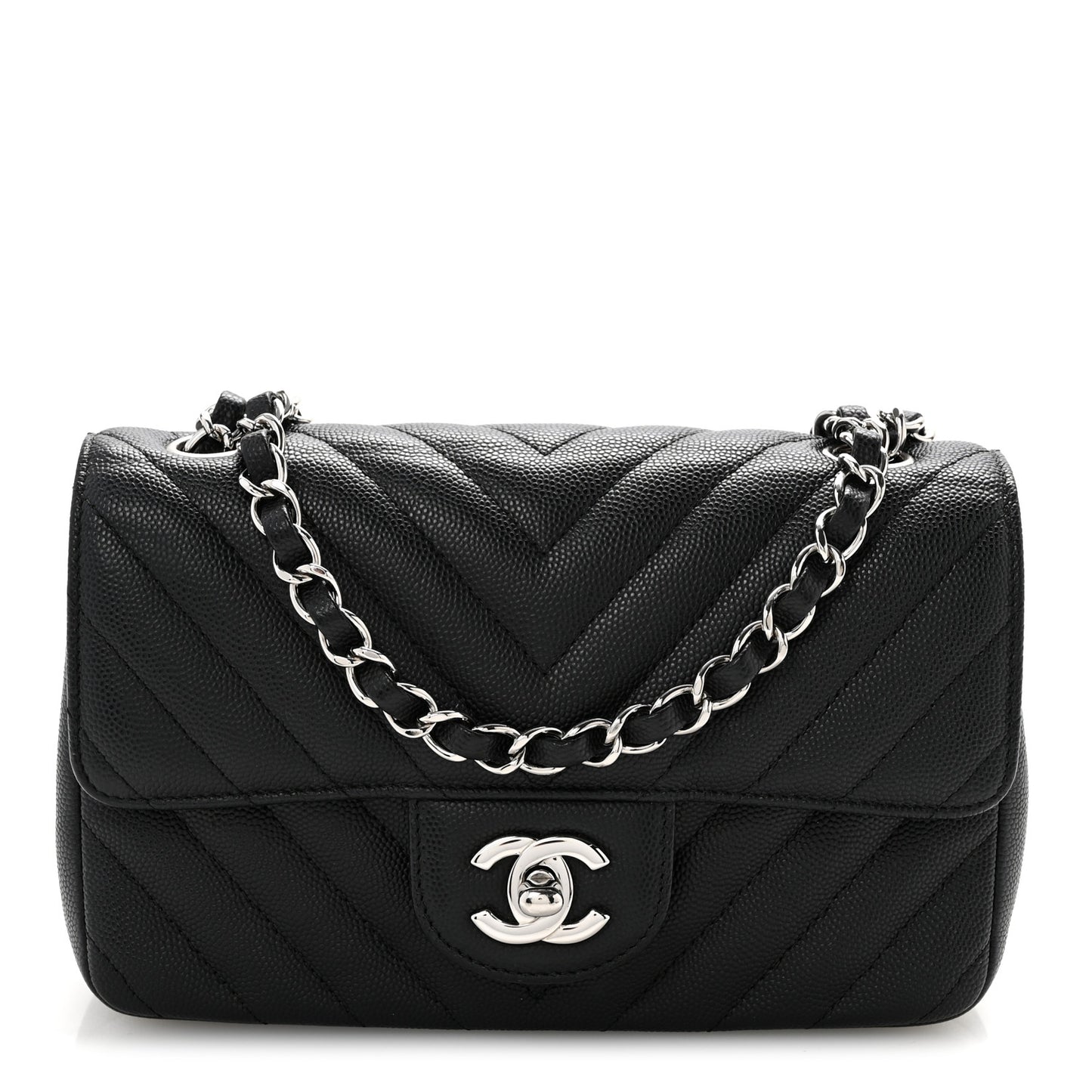 Caviar Chevron Quilted Mini Rectangular Flap Black