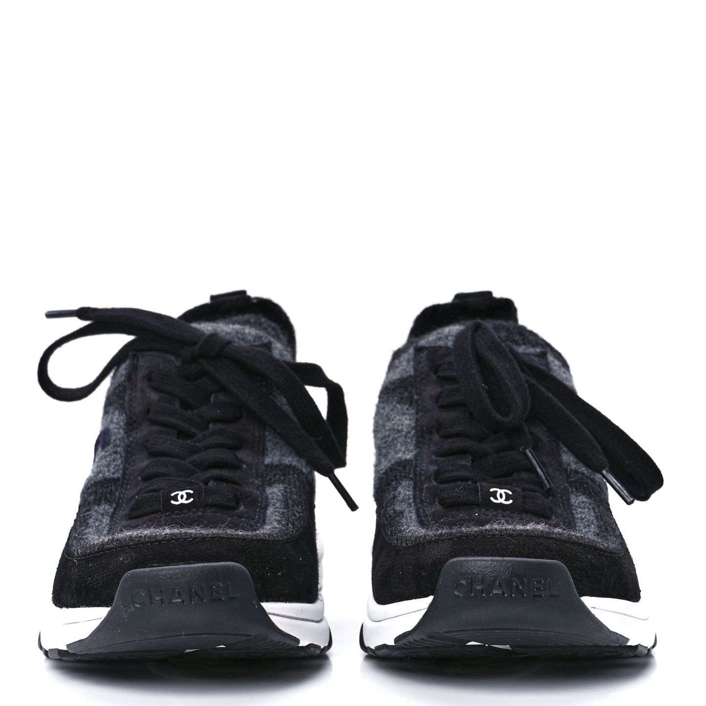Knit Fabric Suede Calfskin Womens CC Sneakers 36.5 Grey Black