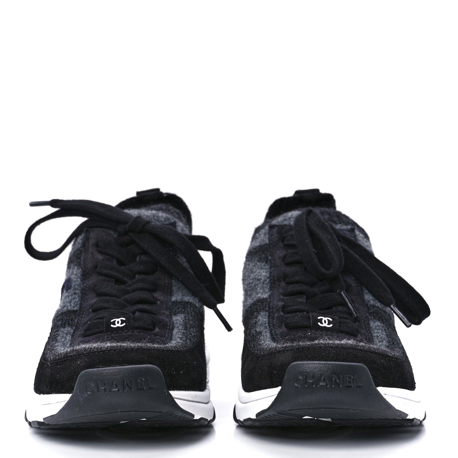 Chanel Knit Fabric Suede Calfskin Womens CC Sneakers 36.5 Grey Black 2 of 8