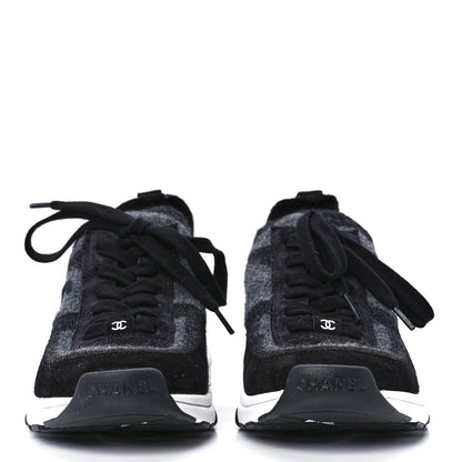 Chanel Knit Fabric Suede Calfskin Womens CC Sneakers 36.5 Grey Black 2 of 8