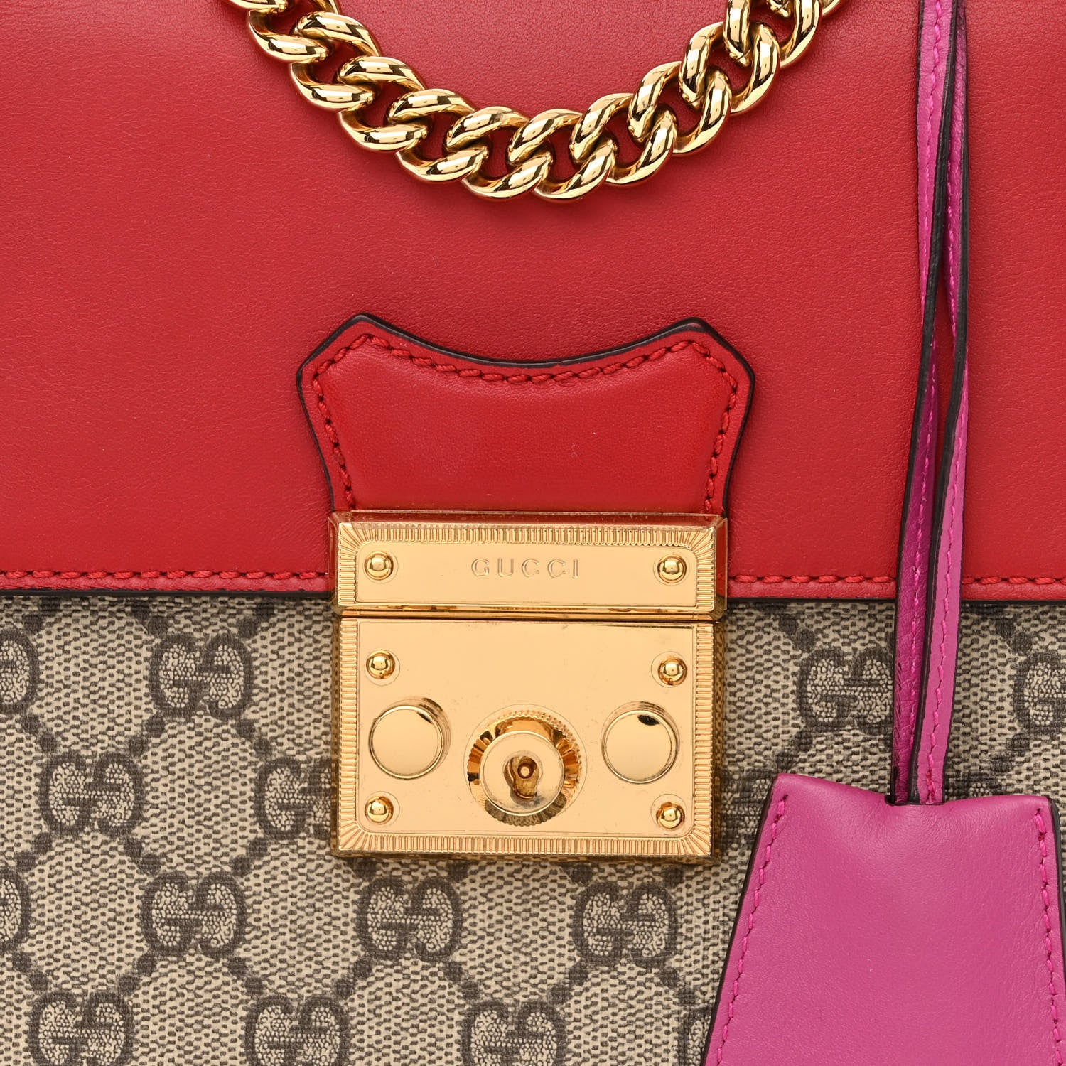 Gucci GG Supreme Monogram Calfskin Padlock Backpack Beige Hibiscus Red New Rosette 8 of 10