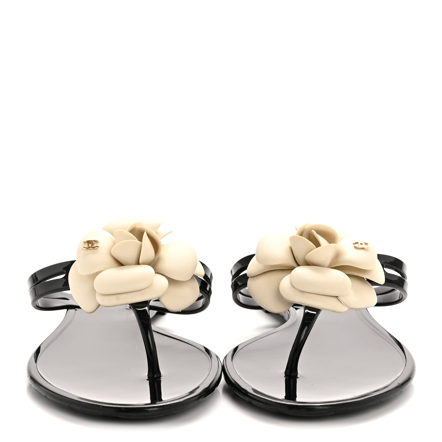 Chanel Jelly Camellia Thong Sandals 39 Black Ivory 3 of 9
