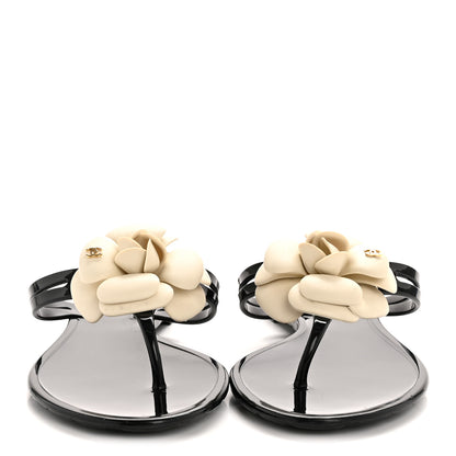 Chanel Jelly Camellia Thong Sandals 39 Black Ivory 3 of 9