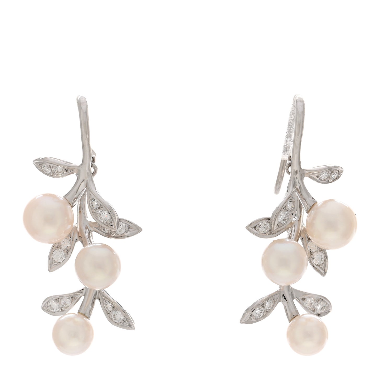 18K White Gold Diamond Akoya Pearl Olive Branch Earrings