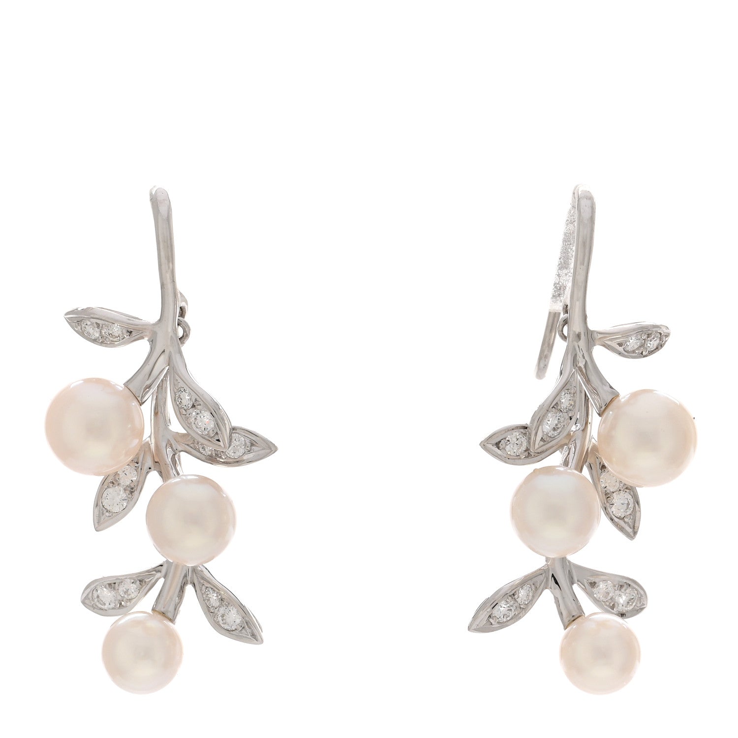 Mikimoto 18K White Gold Diamond Akoya Pearl Olive Branch Earrings 1 of 5