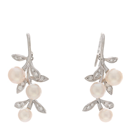 Mikimoto 18K White Gold Diamond Akoya Pearl Olive Branch Earrings 1 of 5