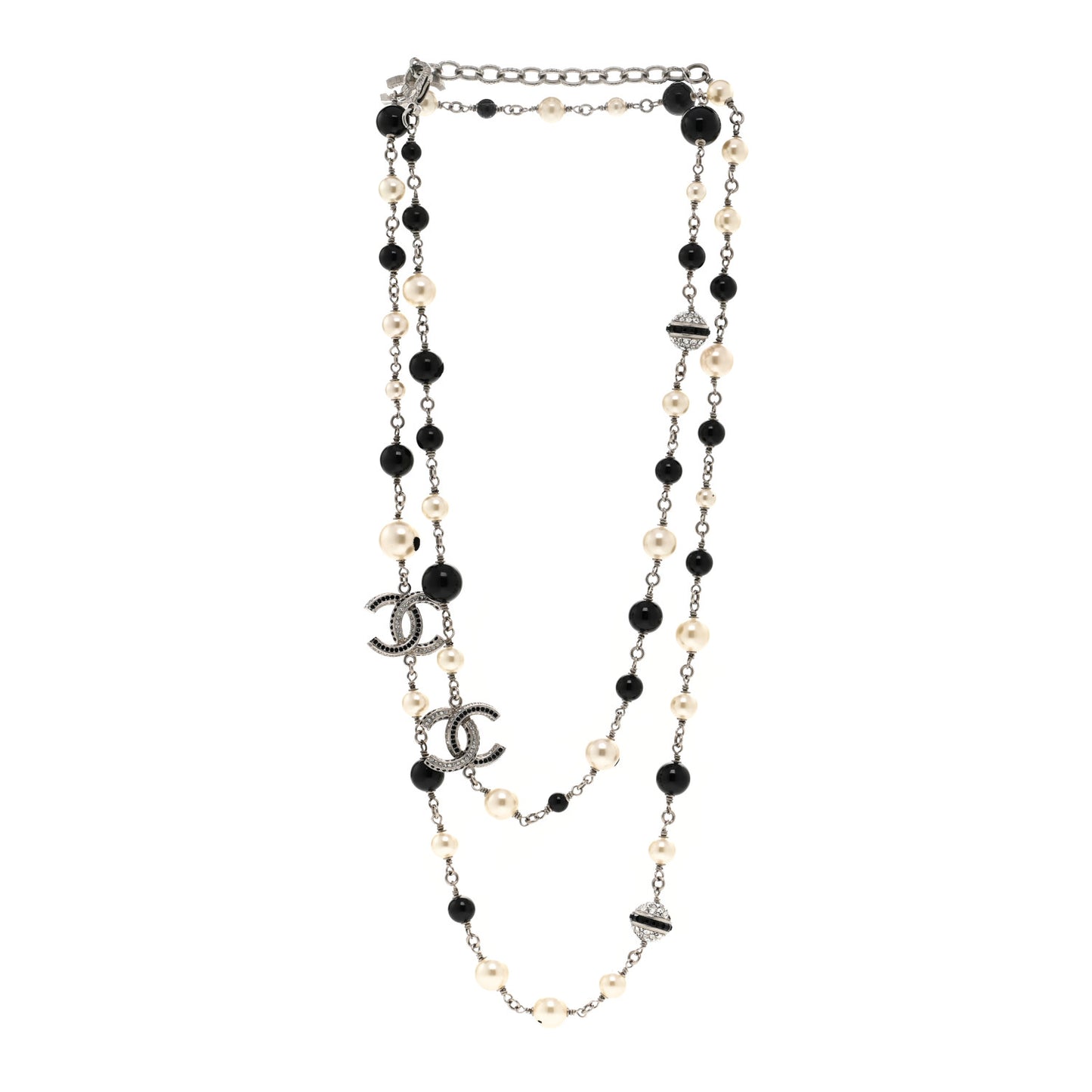 Metal Pearl Crystal Bead CC Long Necklace Silver Black