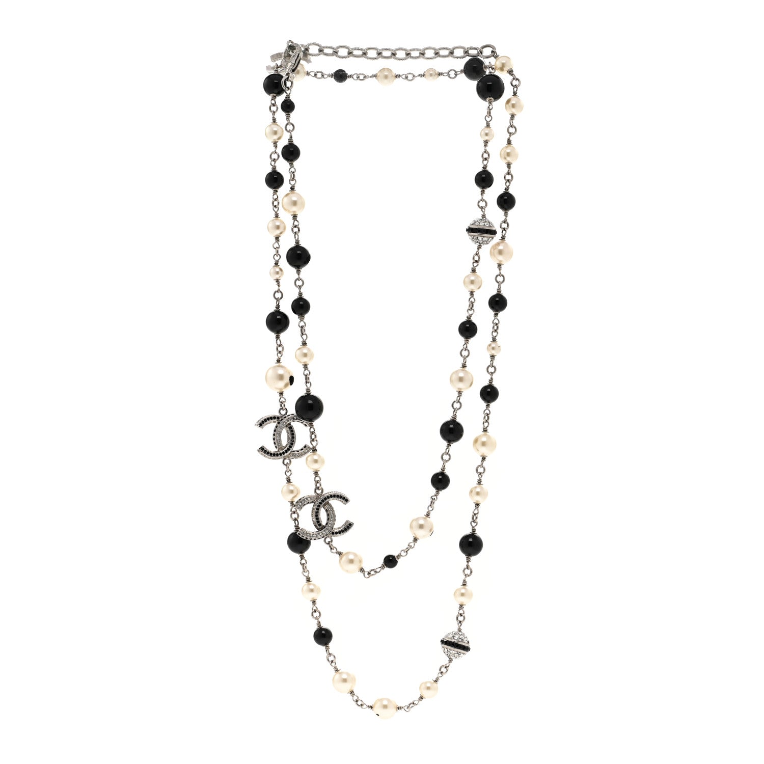 Chanel Metal Pearl Crystal Bead CC Long Necklace Silver Black 3 of 6