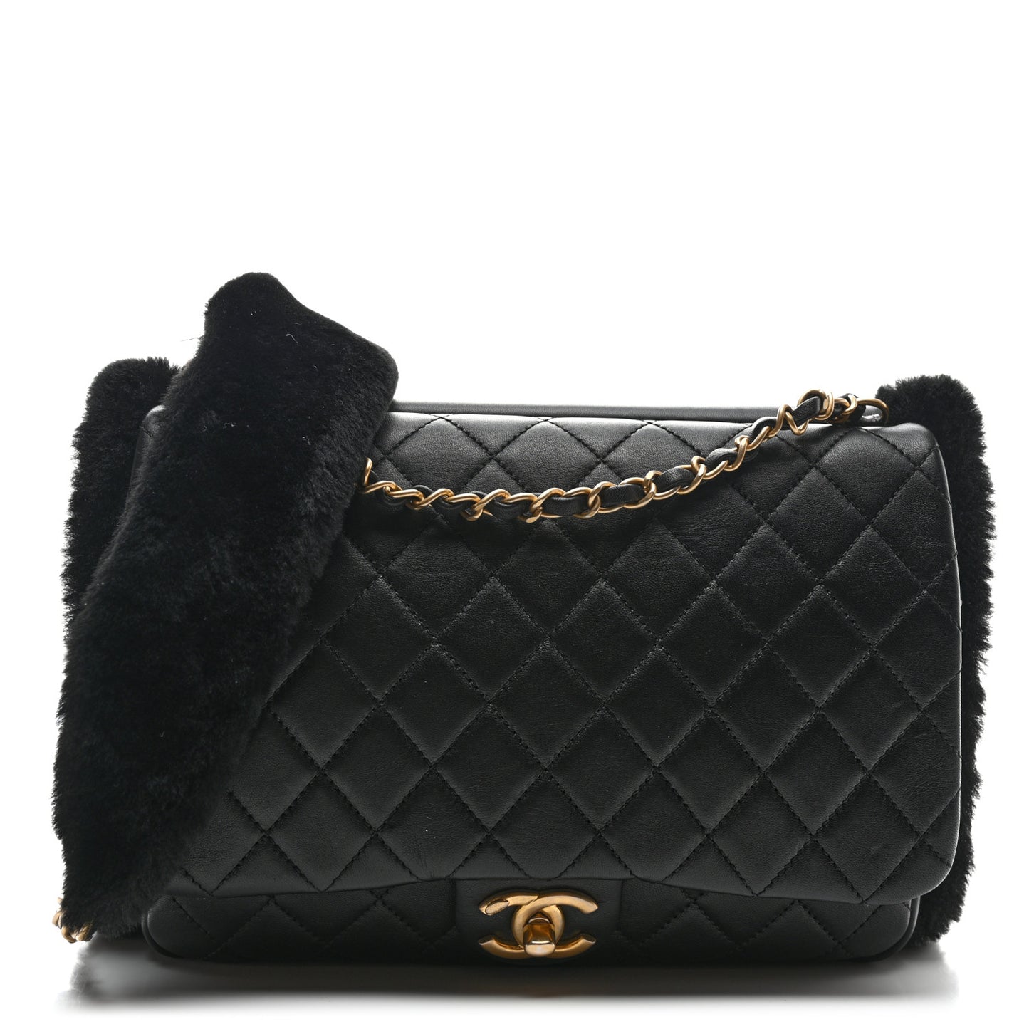 Lambskin Shearling CC Muff Flap Bag Black