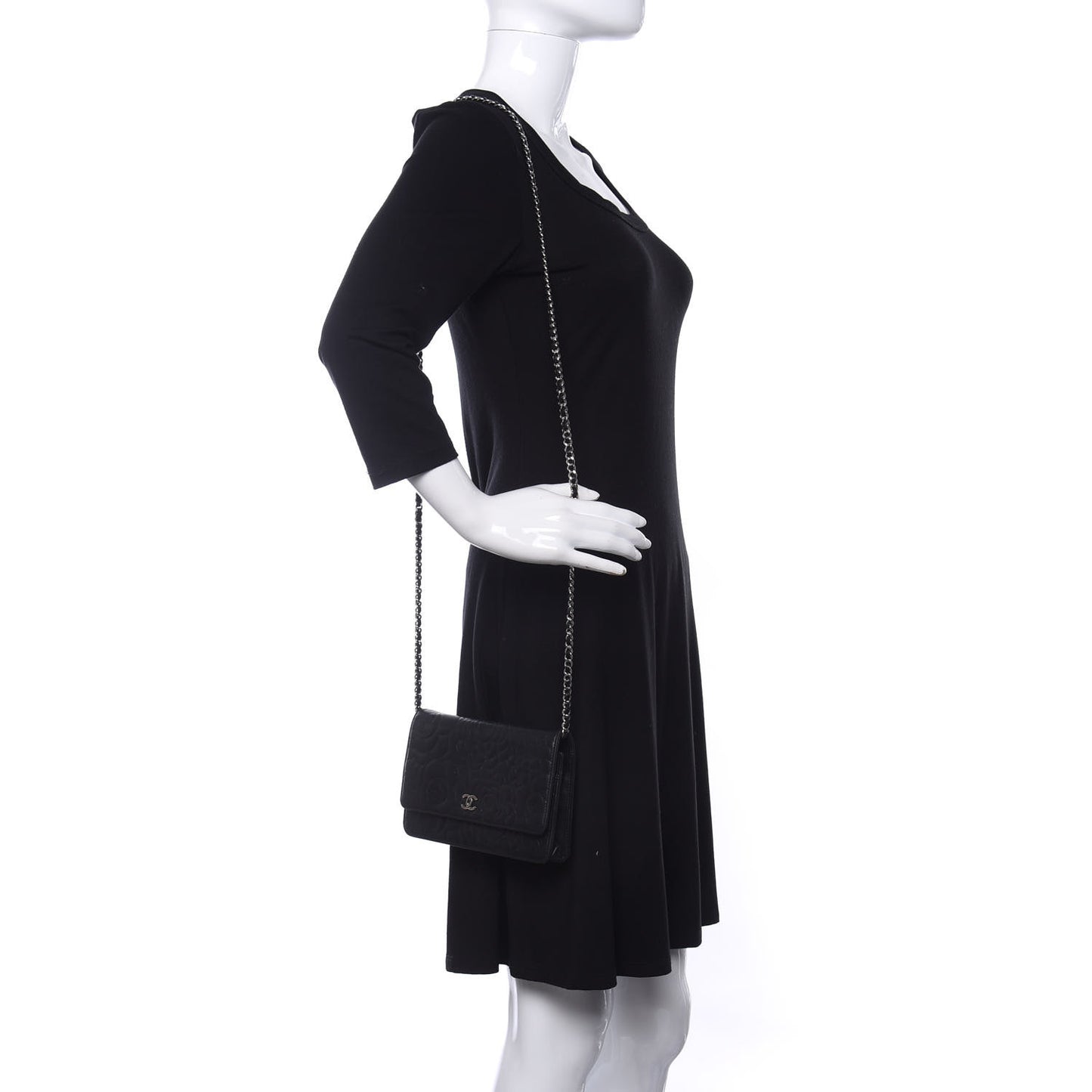 Lambskin Camellia Embossed Wallet on Chain WOC Black