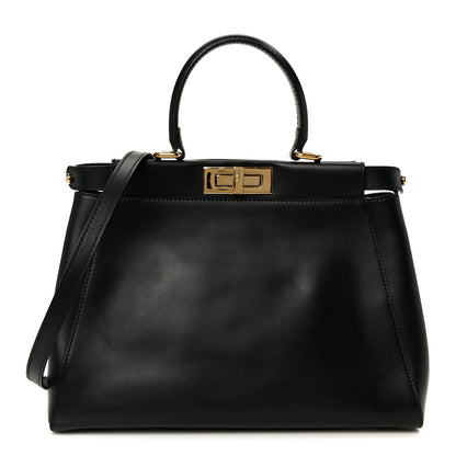 Fendi Vitello Morgan Fabric Jacquard Pequin Medium Peekaboo Iconic Satchel Black Tobacco 1 of 11