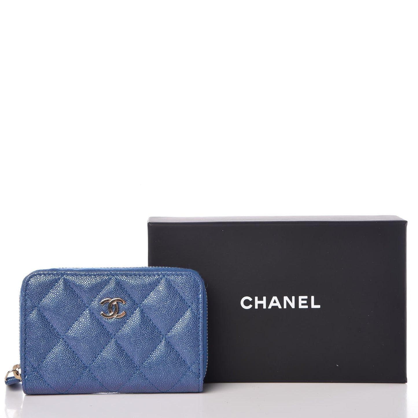 Metallic Caviar Quilted Zip Coin Purse Dark Blue