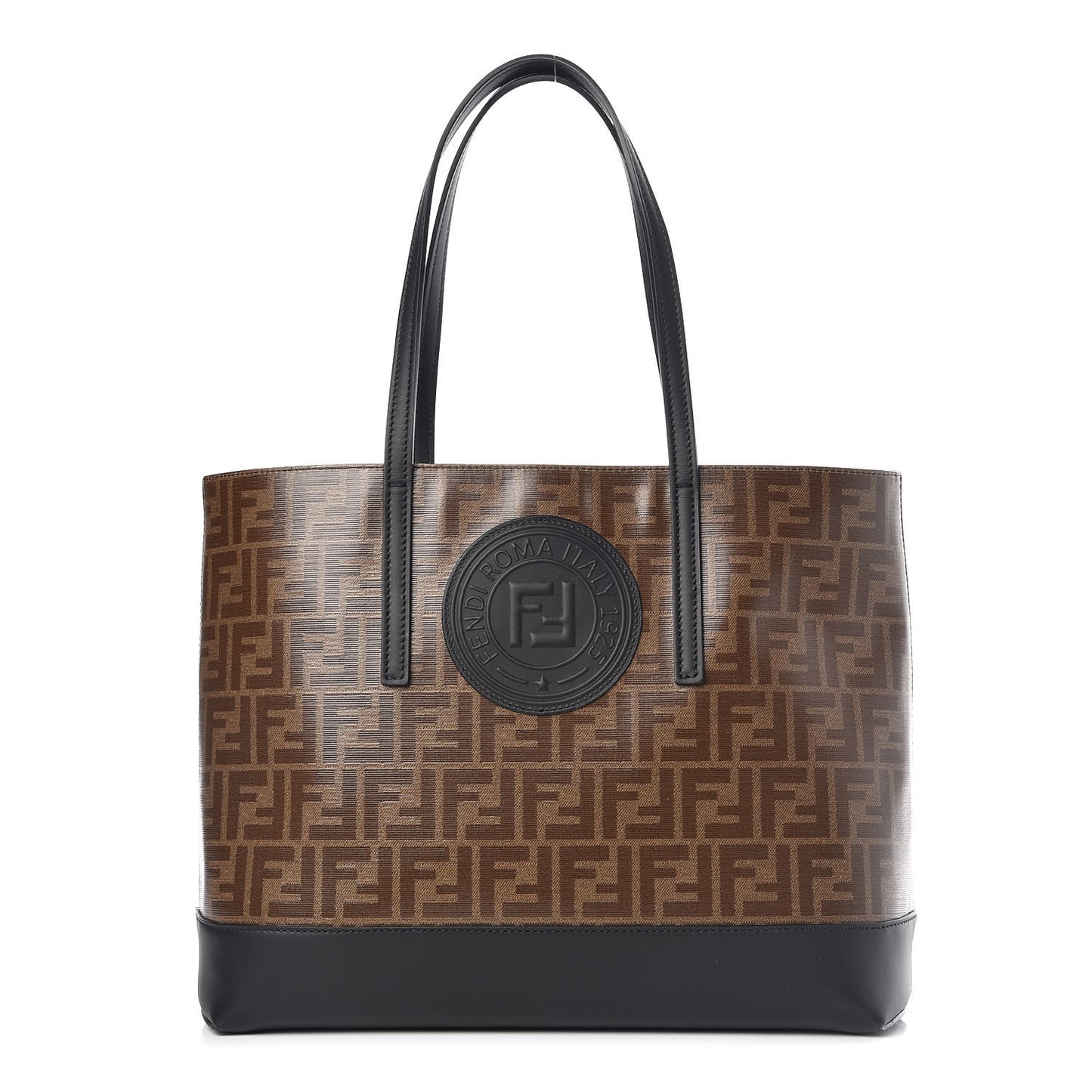 Glazed Fabric Vitello Century FF 1974 Stamp Patch Shopping Tote Mogano Panna Black