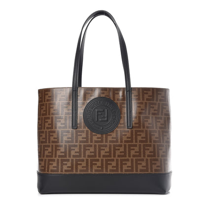 Fendi Glazed Fabric Vitello Century FF 1974 Stamp Patch Shopping Tote Mogano Panna Black 1 of 14