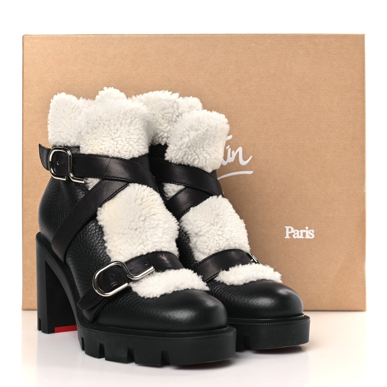 Christian Louboutin Calfskin Shearling Pole Chic 70 Booties 36.5 Nocturne Natural 8 of 8