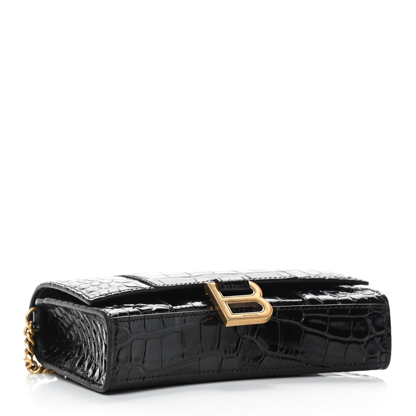 Shiny Calfskin Crocodile Embossed Hourglass Chain Bag Black