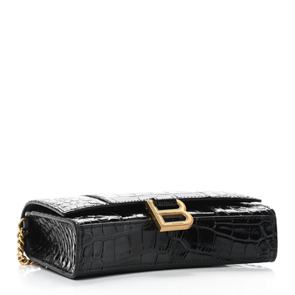 Balenciaga Shiny Calfskin Crocodile Embossed Hourglass Chain Bag Black 4 of 8