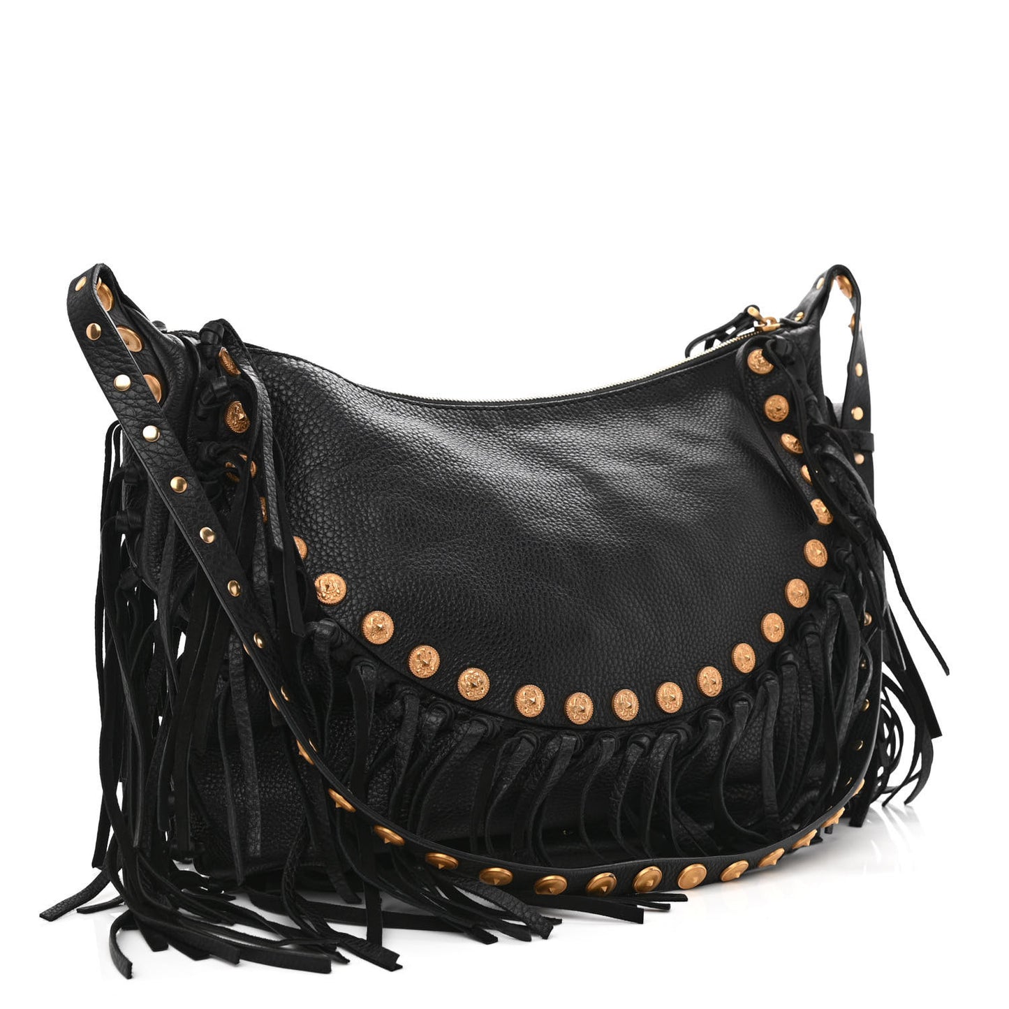 Grained Calfskin C-Rockee Fringe Hobo Black