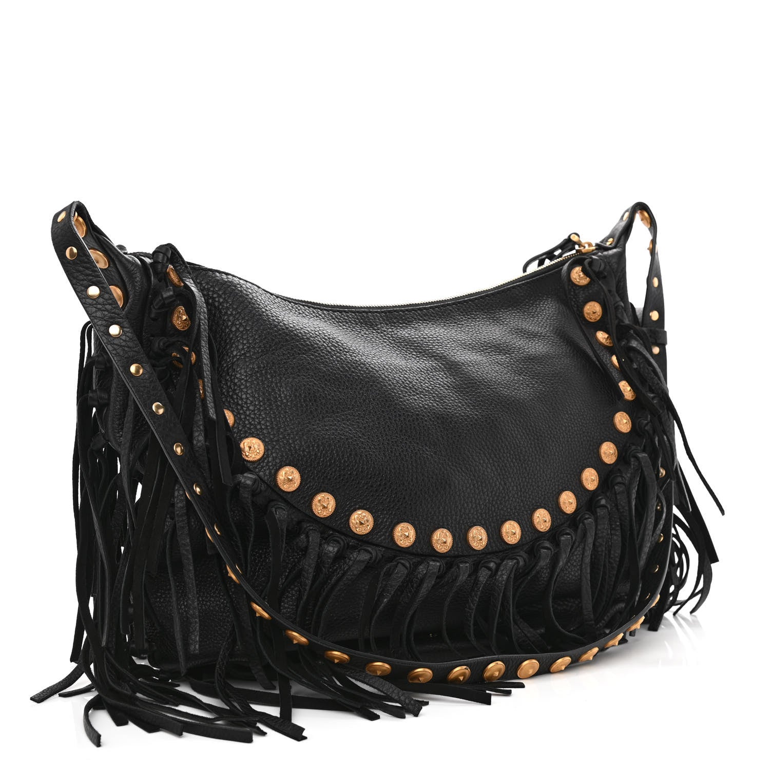 Valentino Garavani Grained Calfskin C-Rockee Fringe Hobo Black 3 of 10
