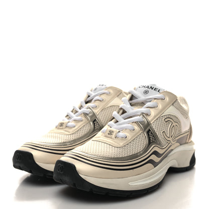 Chanel Fabric Laminated Calfskin Stretch CC Womens Sneakers 37 White Gold Silver 3 of 10