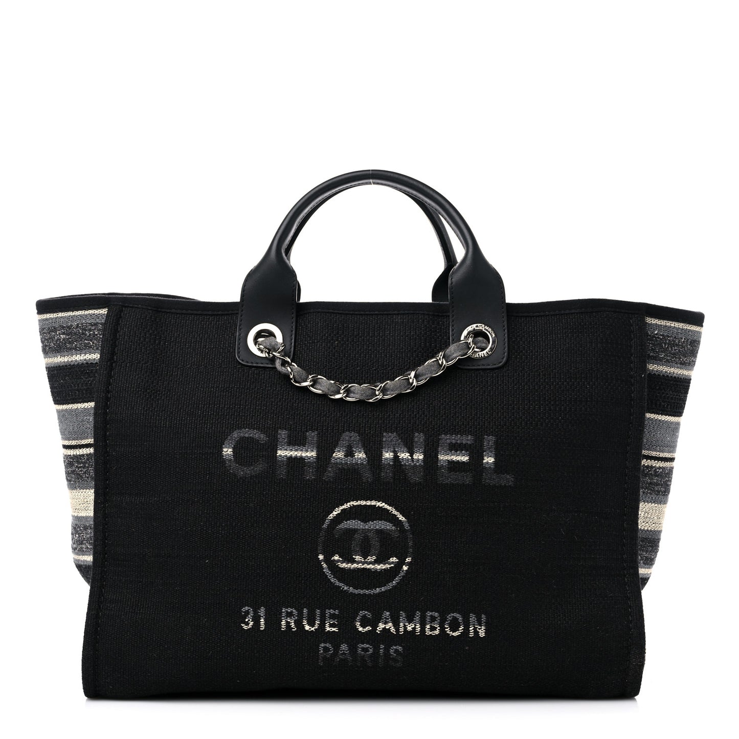 Striped Canvas Medium Deauville Tote Grey Black