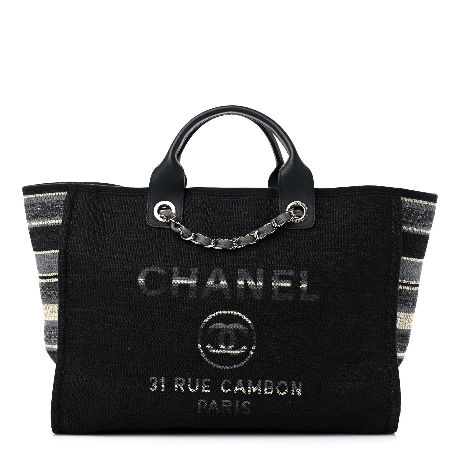 Chanel Striped Canvas Medium Deauville Tote Grey Black 1 of 14