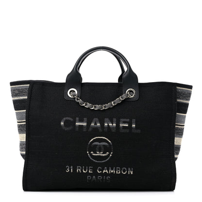 Chanel Striped Canvas Medium Deauville Tote Grey Black 1 of 14