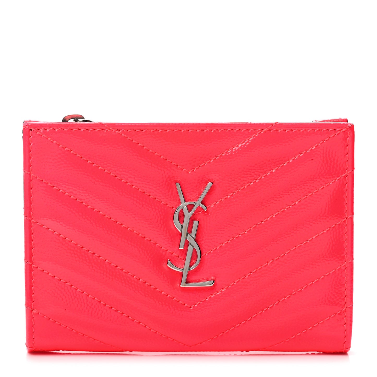 Patent Grain De Poudre Matelasse Chevron Monogram Zipped Two-Part Wallet Neon Pink