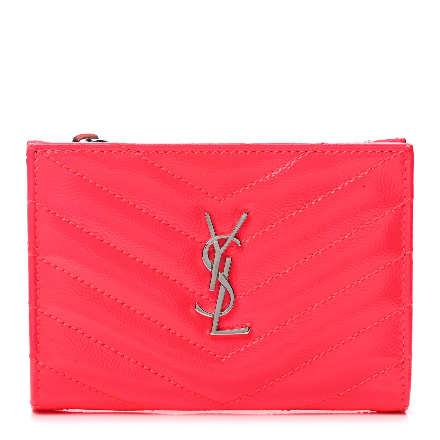 Saint Laurent Patent Grain De Poudre Matelasse Chevron Monogram Zipped Two-Part Wallet Neon Pink 1 of 6