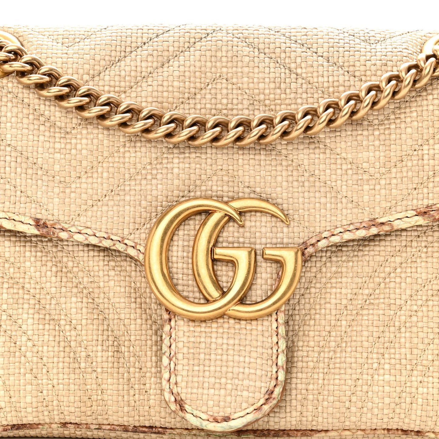 Raffia Elaphe Matelasse Small GG Marmont Shoulder Bag Natural Cream Brown