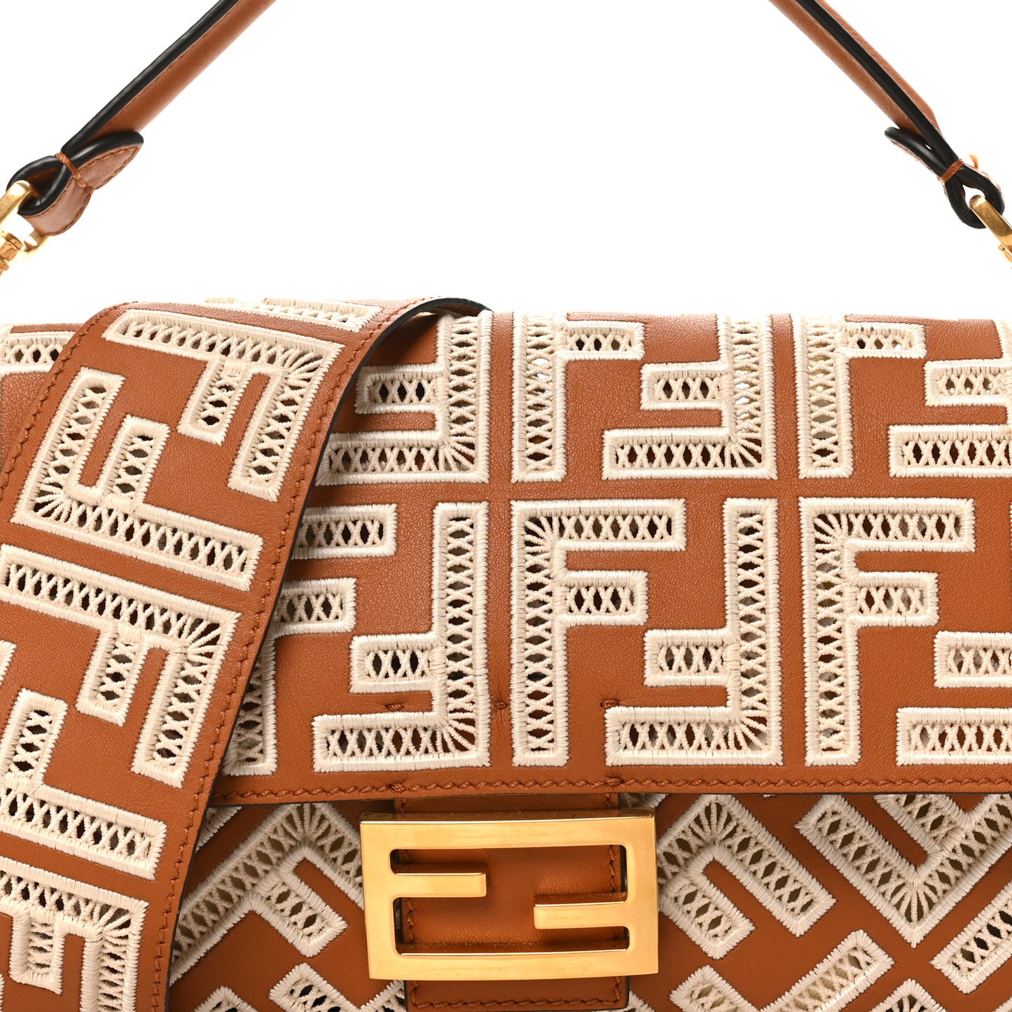 Vitello Seta FF Ajour Embroidered Baguette Brandy