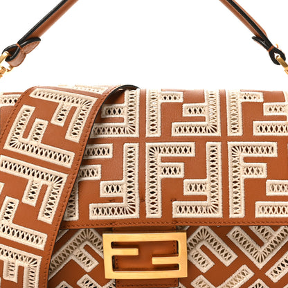 Fendi Vitello Seta FF Ajour Embroidered Baguette Brandy 7 of 9