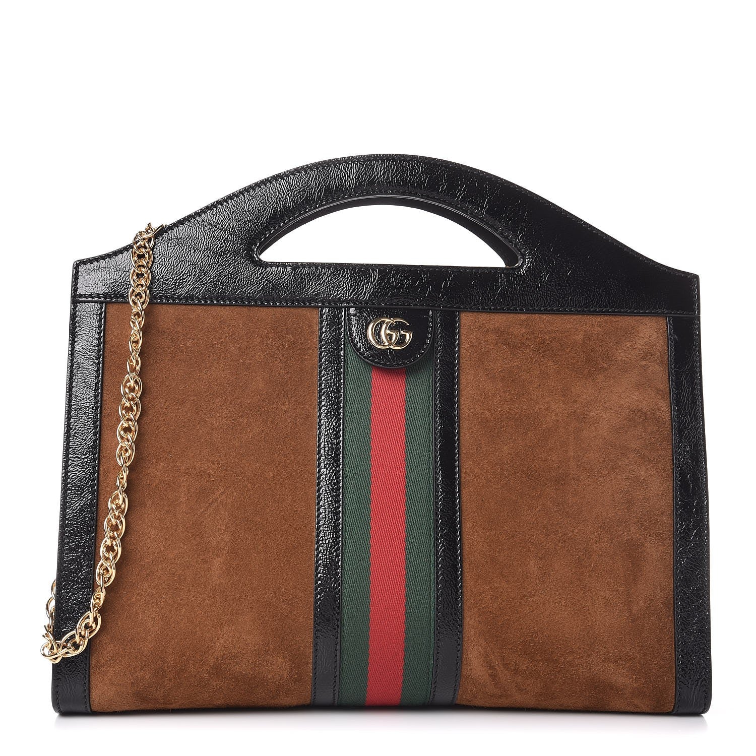 Gucci Suede Patent GG Web Medium Ophidia Top Handle Chain Nocciola Black 1 of 12