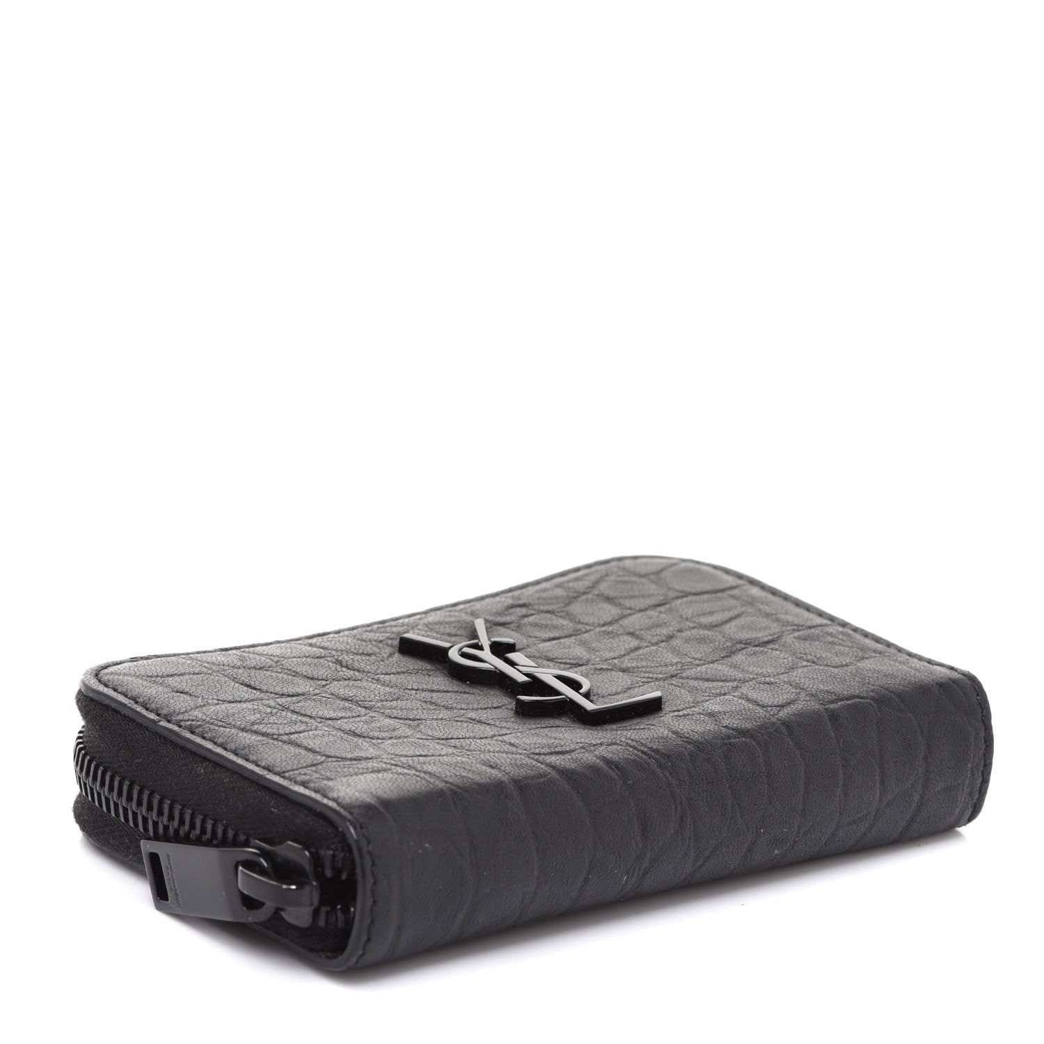 Saint Laurent Calfskin Crocodile Embossed Monogram Zip Coin Purse Black 4 of 7