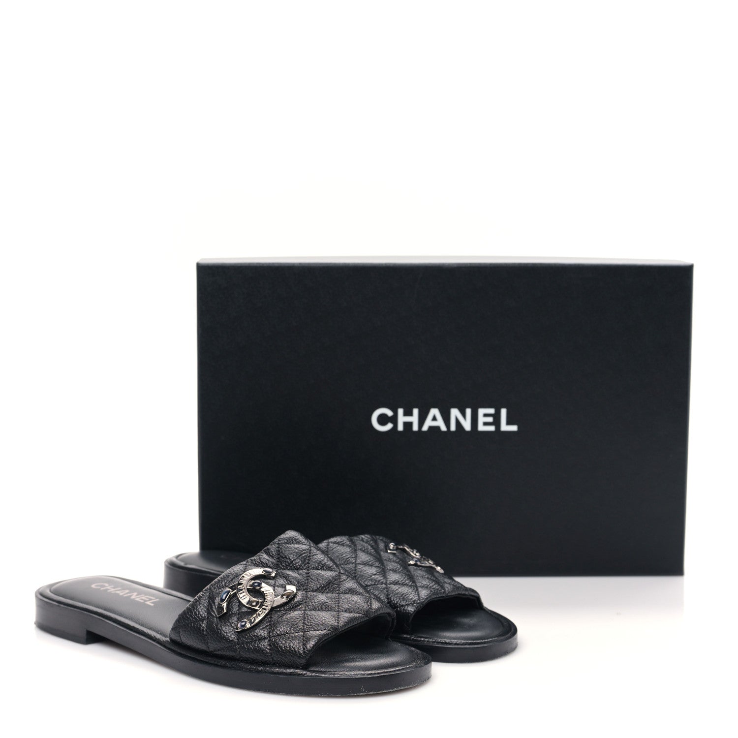 Chanel Shiny Goatskin Quilted CC Mules Sandals 39 Black 9 of 9