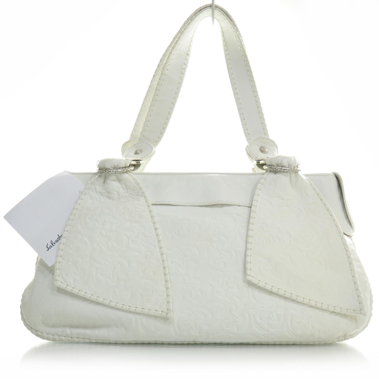 FASHIONPHILE SALVATOREFERRAGAMOFloralEmbossedLeatherShoulderBagBianco 1 of 8