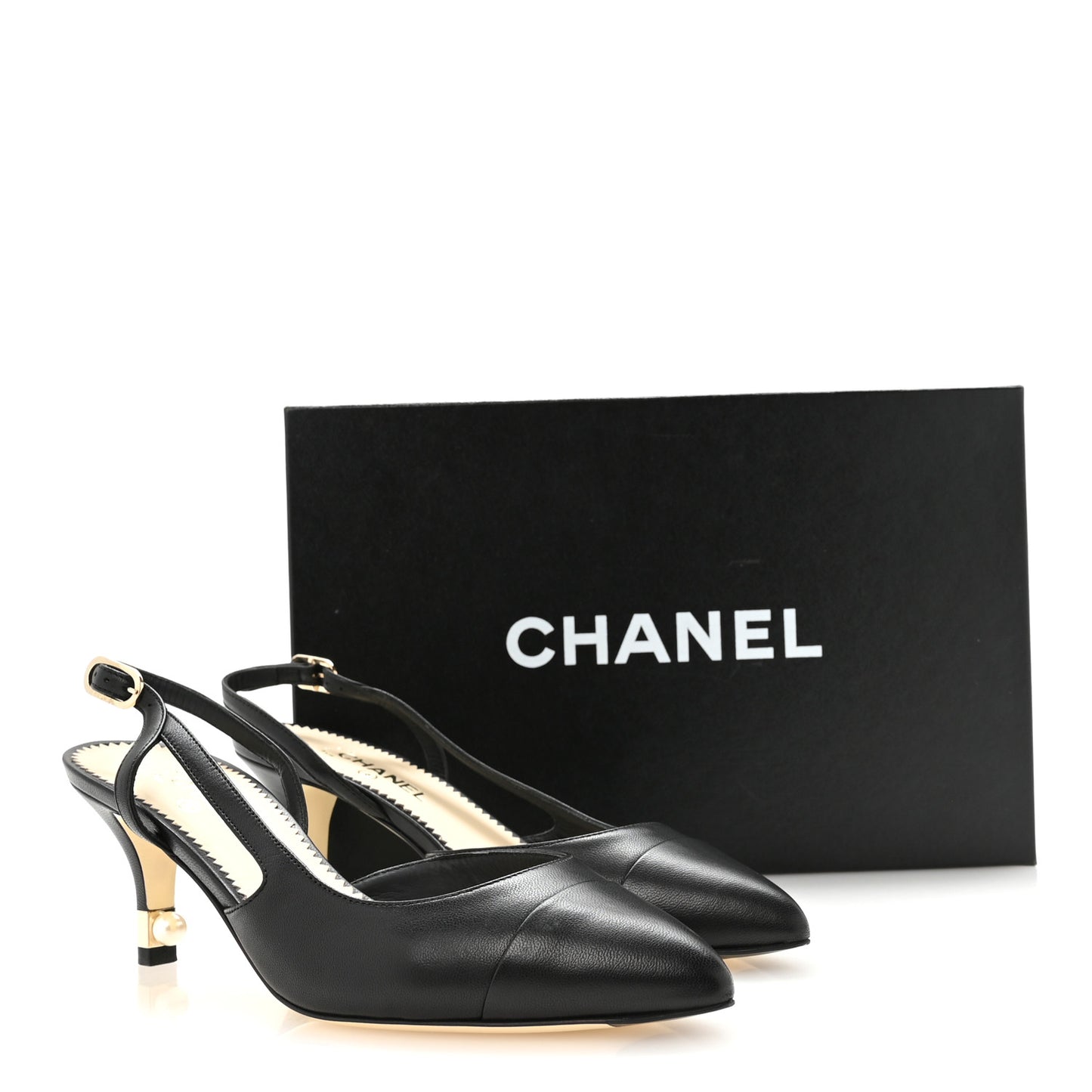 Lambskin Satin Cap Toe CC Slingback Heels 35.5 Black