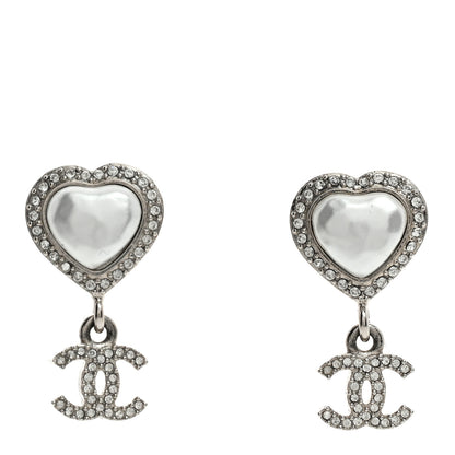 Chanel Pearl Crystal CC Heart Drop Earrings Silver 1 of 5