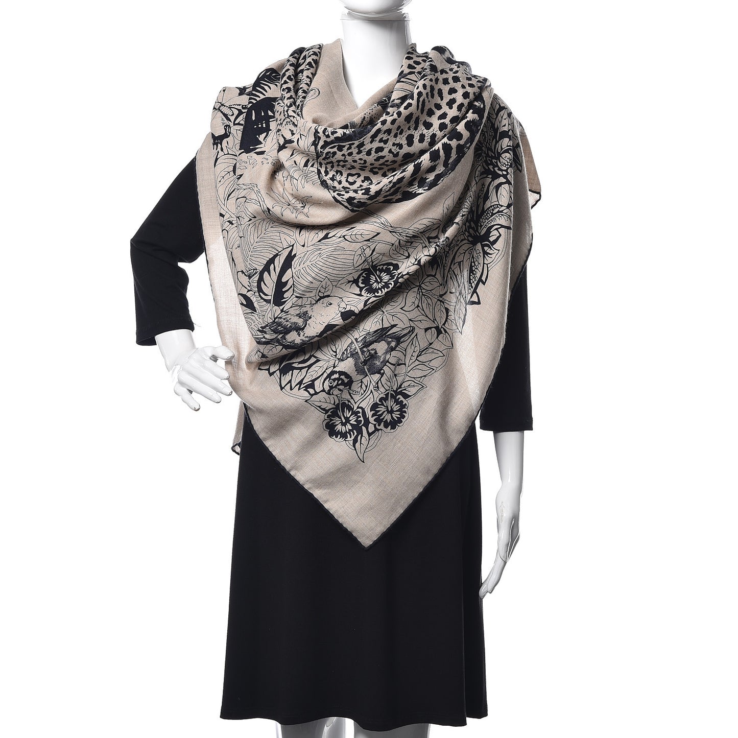 Cashmere Silk Jungle Love Tattoo Shawl 140 Natural Bleu Black