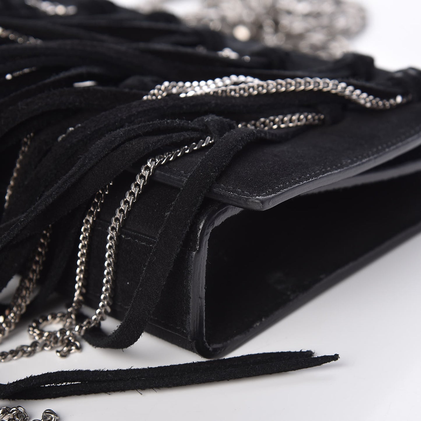 Suede Fringe Chain Small Monogram Satchel Black