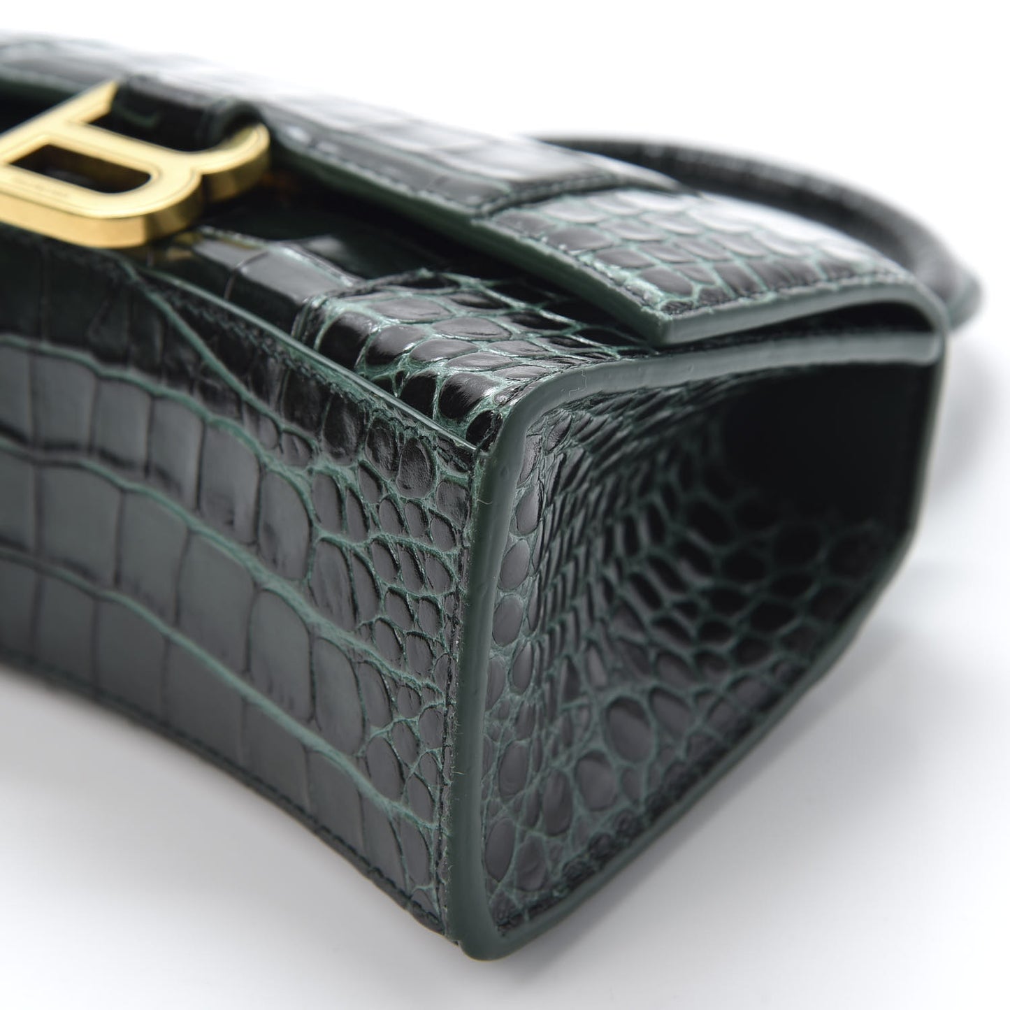 Shiny Calfskin Crocodile Embossed Hourglass Top Handle Bag XS Forest Green