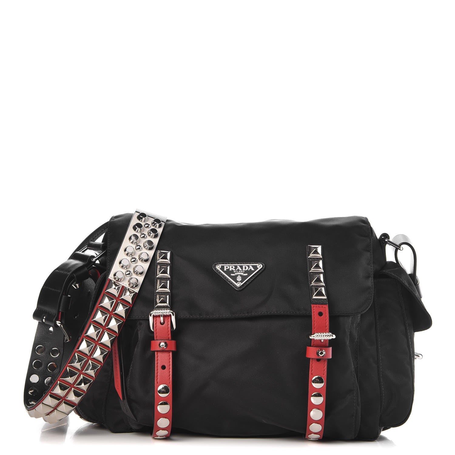 Prada Nylon New Vela Studded Messenger Black Fuoco 1 of 13