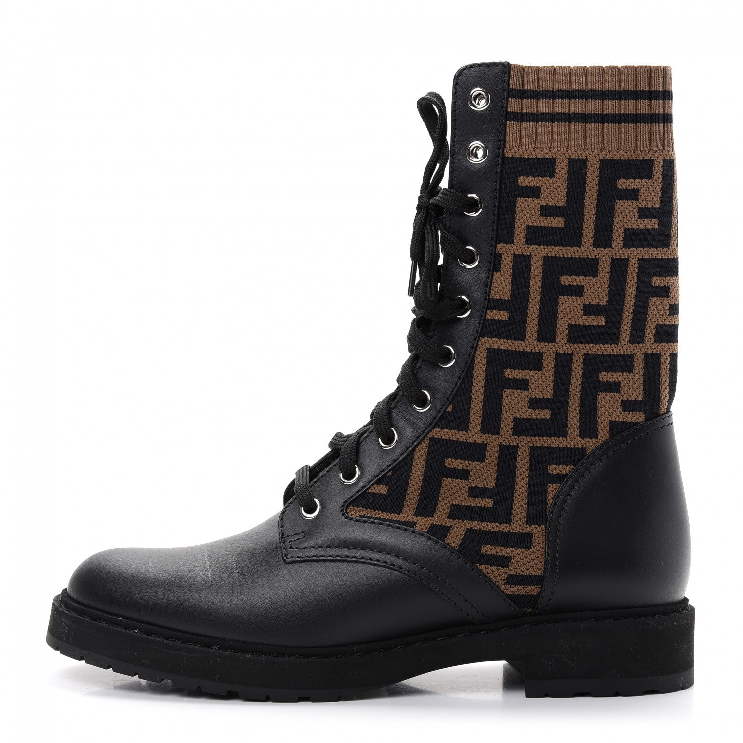 Fendi Calfskin Stretch Fabric FF Rockoko Biker Boots 39 Black Tobacco 1 of 8