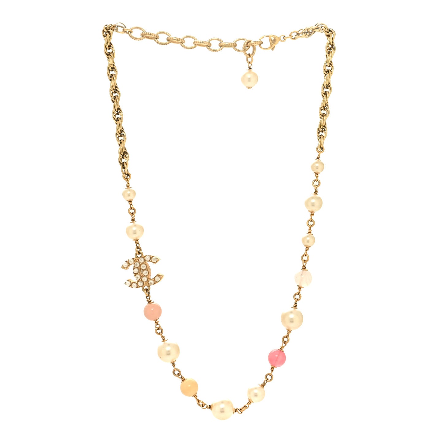 Pearl Beaded Crystal CC Necklace Gold Pink
