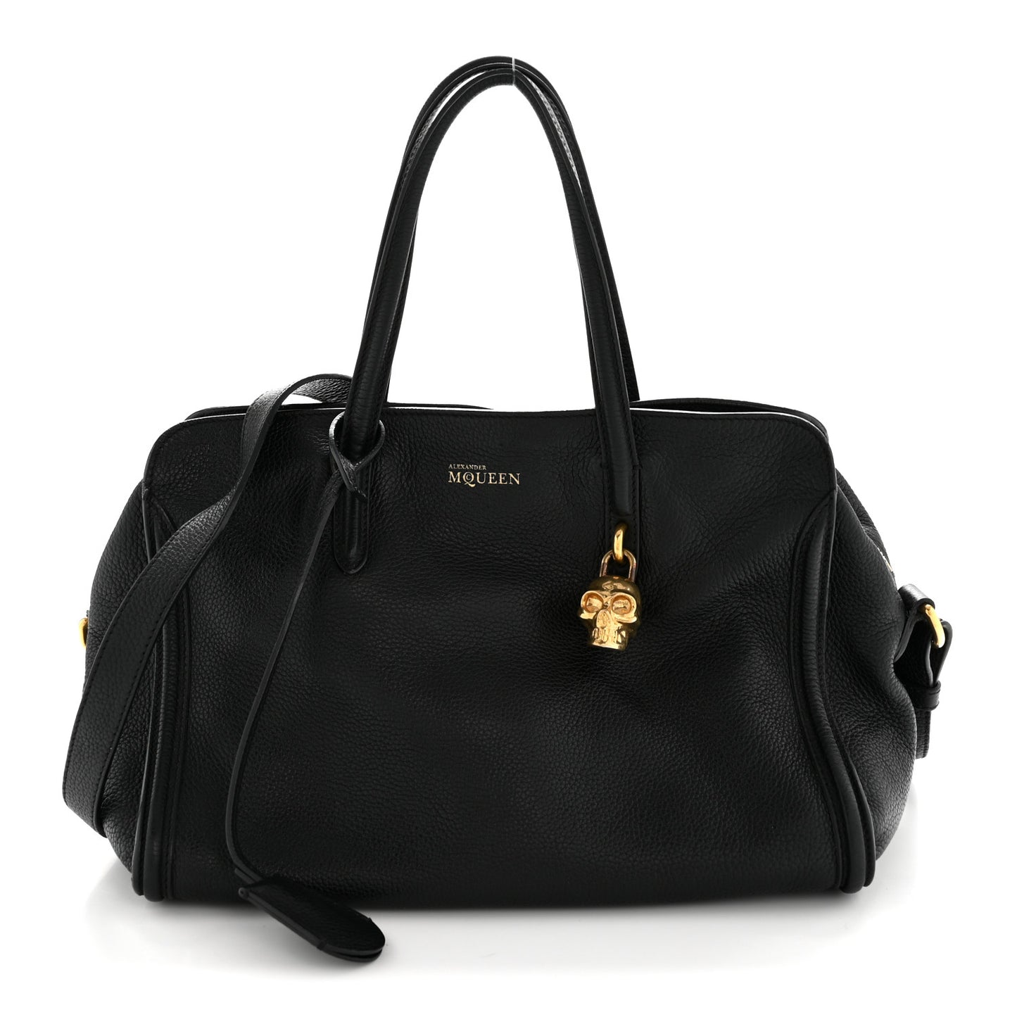Pebbled Calfskin Small Skull Padlock Zip Around Tote Black