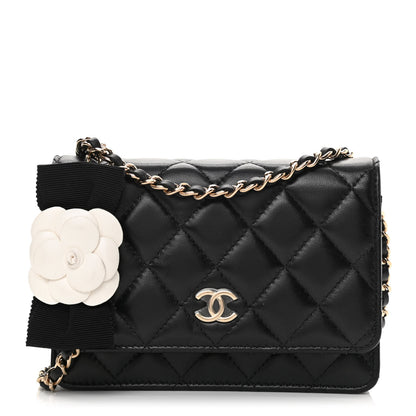 Chanel Lambskin Quilted Mini Camellia Bow Wallet On Chain WOC Black 1 of 14